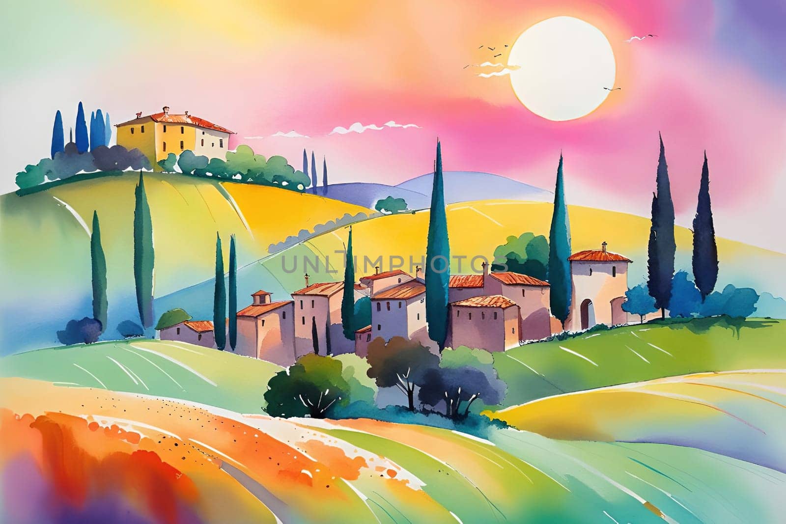 Tuscany landscape with sun, hills and village. Vector illustration. Tuscany landscape at sunset. Italy, Europe.