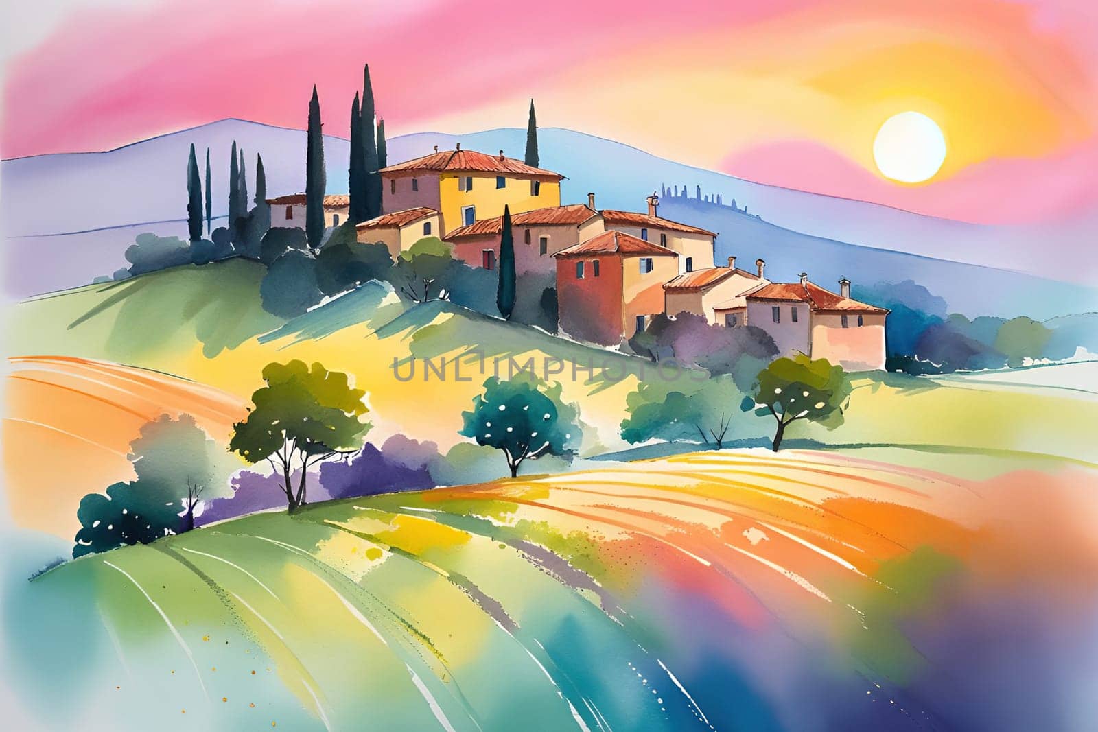 Tuscany landscape with sun, hills and village. Vector illustration. Tuscany landscape at sunset. Italy, Europe.