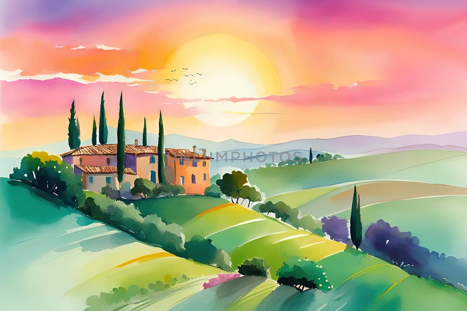 Tuscany landscape with sun, hills and village. Vector illustration. Tuscany landscape at sunset. Italy, Europe.