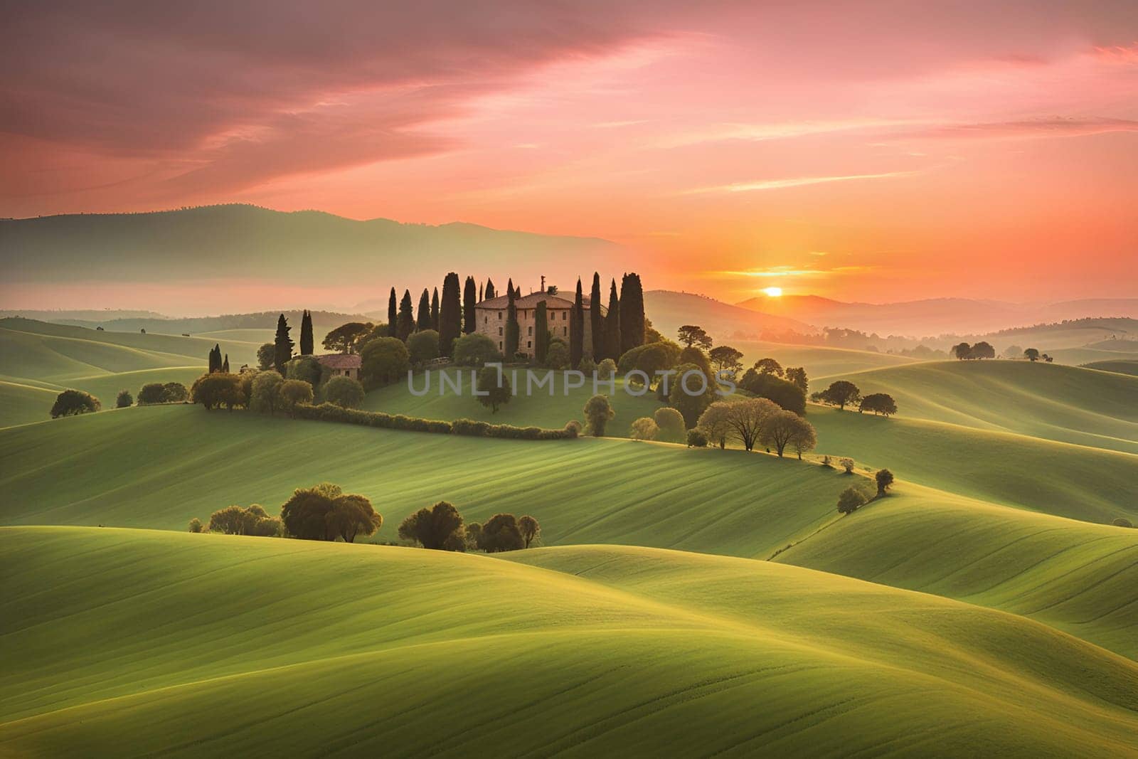 Tuscany landscape with sun, hills and village. Vector illustration. Tuscany landscape at sunset. Italy, Europe.