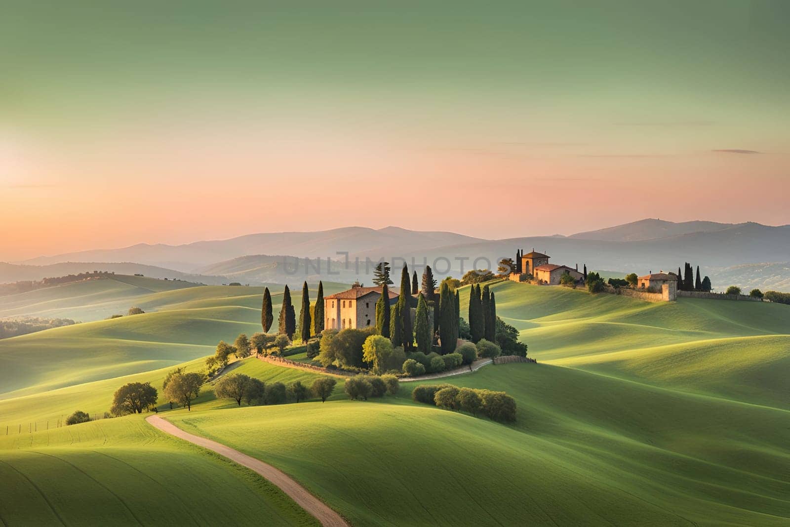 Tuscany landscape with sun, hills and village. Vector illustration. Tuscany landscape at sunset. Italy, Europe.