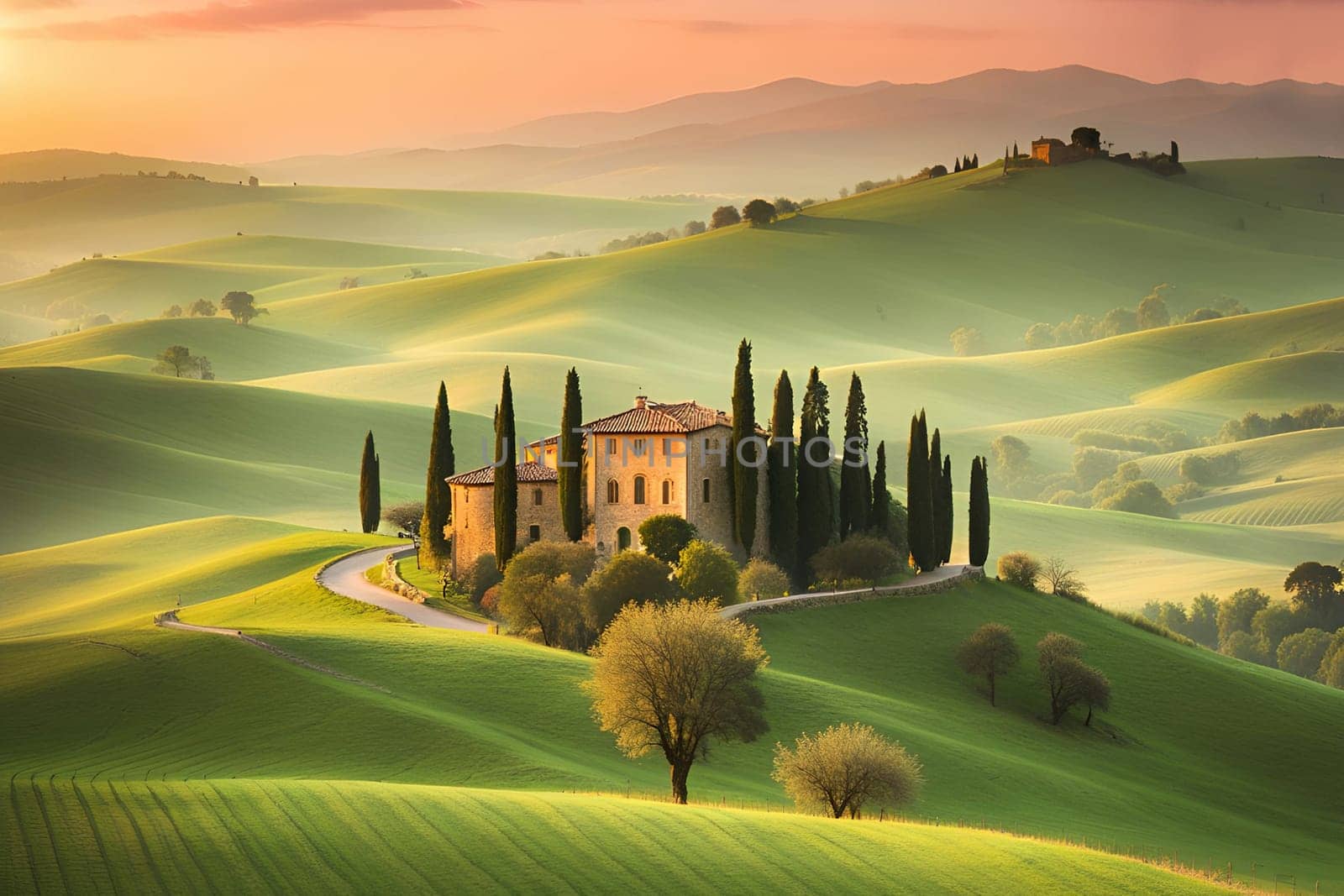 Tuscany landscape with sun, hills and village. Vector illustration. Tuscany landscape at sunset. Italy, Europe.