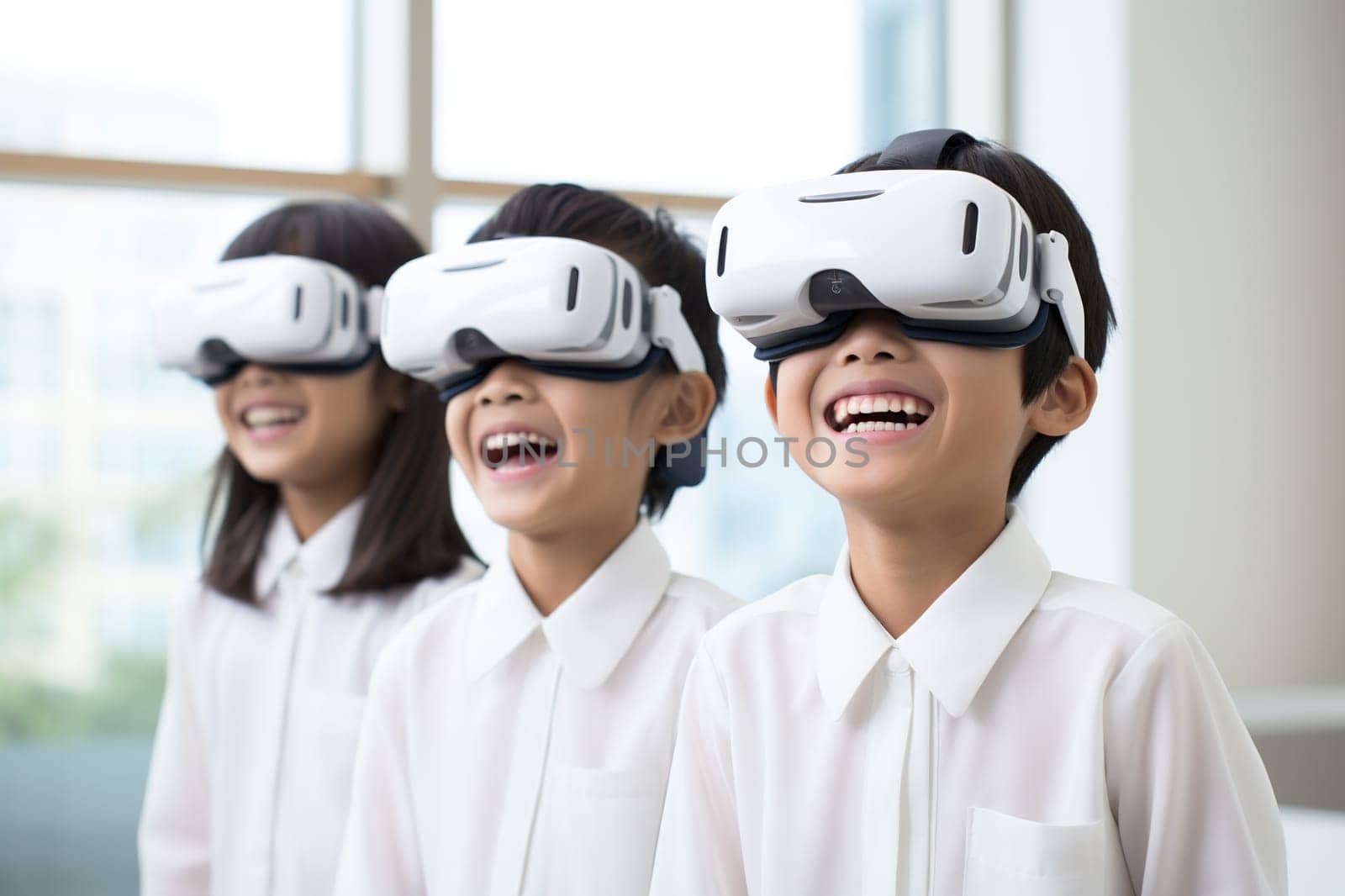 Asian children in white shirts at school during a lesson wearing virtual reality glasses. New technologies in training. Generated by artificial intelligence by Vovmar