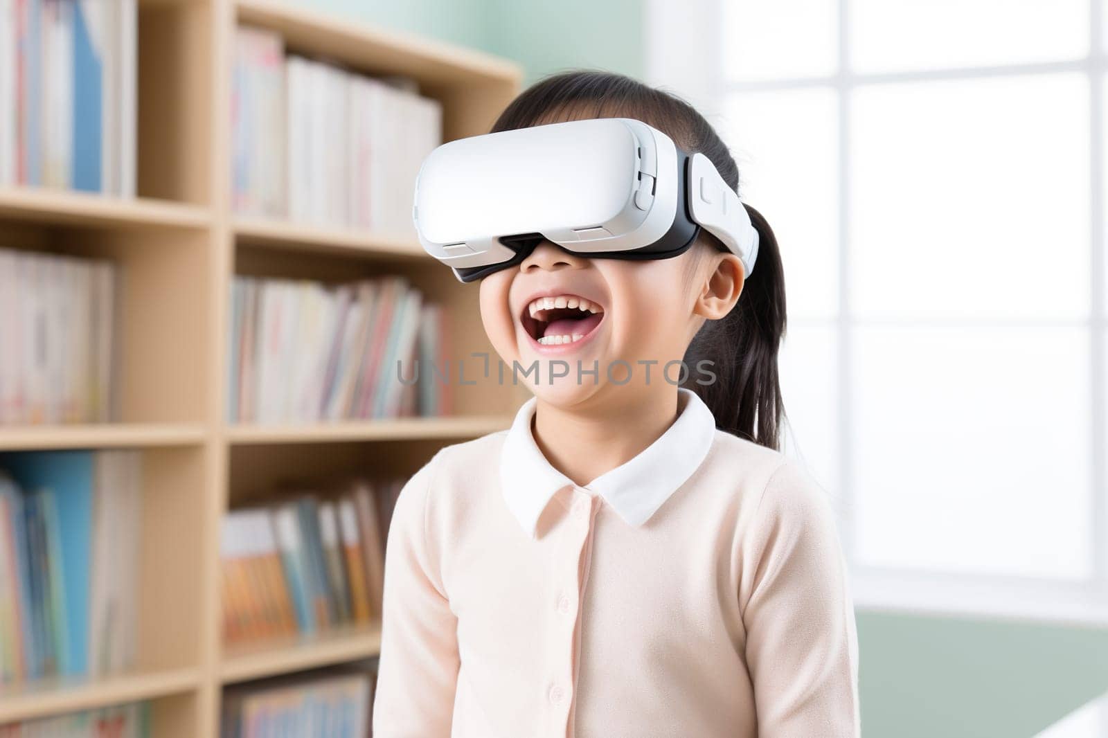 A dark-skinned student in a school uniform wearing virtual reality glasses in a classroom during a lesson.