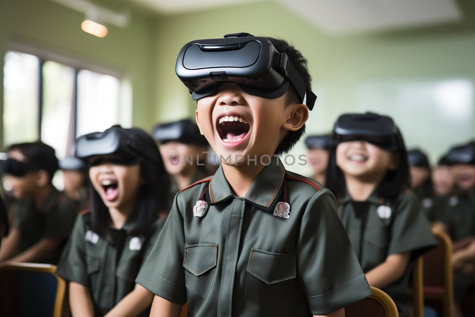 Asian children at school during a lesson wearing virtual reality glasses. New technologies in training. Generated by artificial intelligence by Vovmar