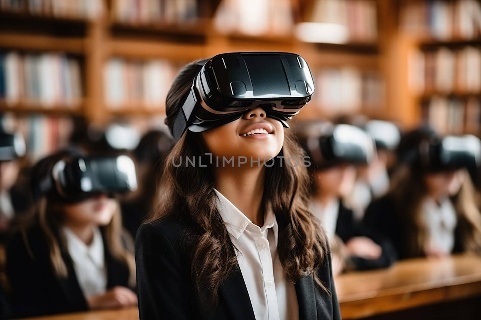 A dark-skinned student in a school uniform wearing virtual reality glasses in a classroom during a lesson. Generated by artificial intelligence by Vovmar