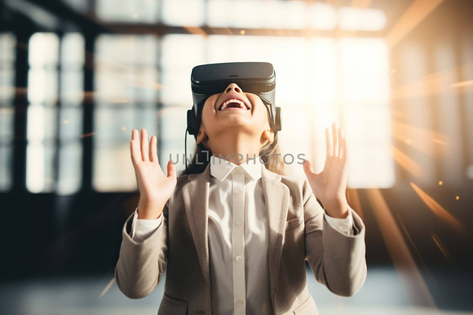 A dark-skinned student in a school uniform wearing virtual reality glasses in a classroom during a lesson.