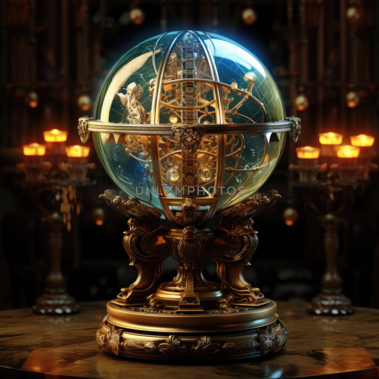 Crystal ball in an antique stand on a blurred background with candles. Magic ball for fortune telling.