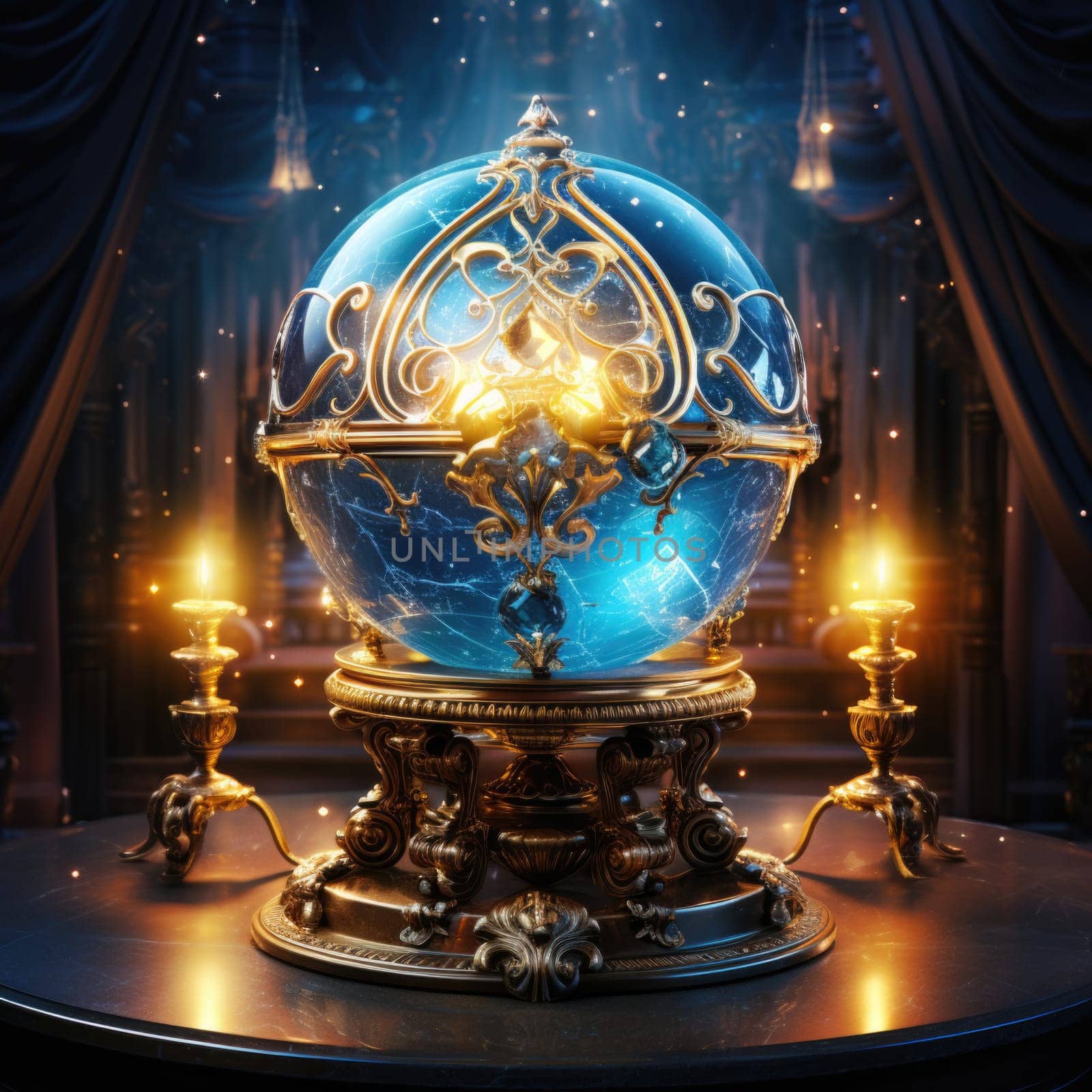 Crystal ball in an antique stand on a blurred background with candles. Magic ball for fortune telling.