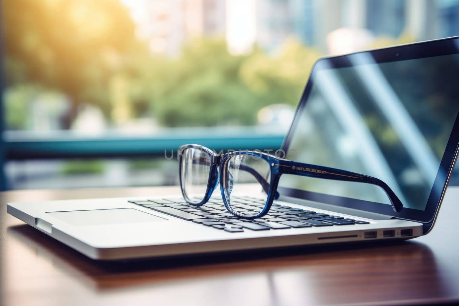 Side view of laptop with glasses on keyboard on wooden tabletop, blurred background. Generated by artificial intelligence by Vovmar