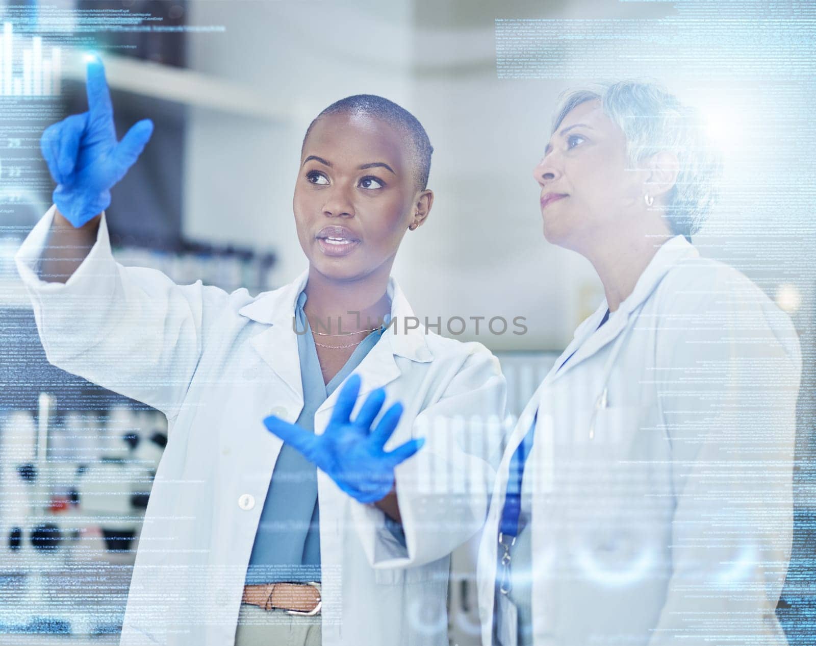 Scientist, women with code and digital information with medical research data results with overlay in lab. Female doctor team, discussion and review science analytics with scientific graphs and chart.