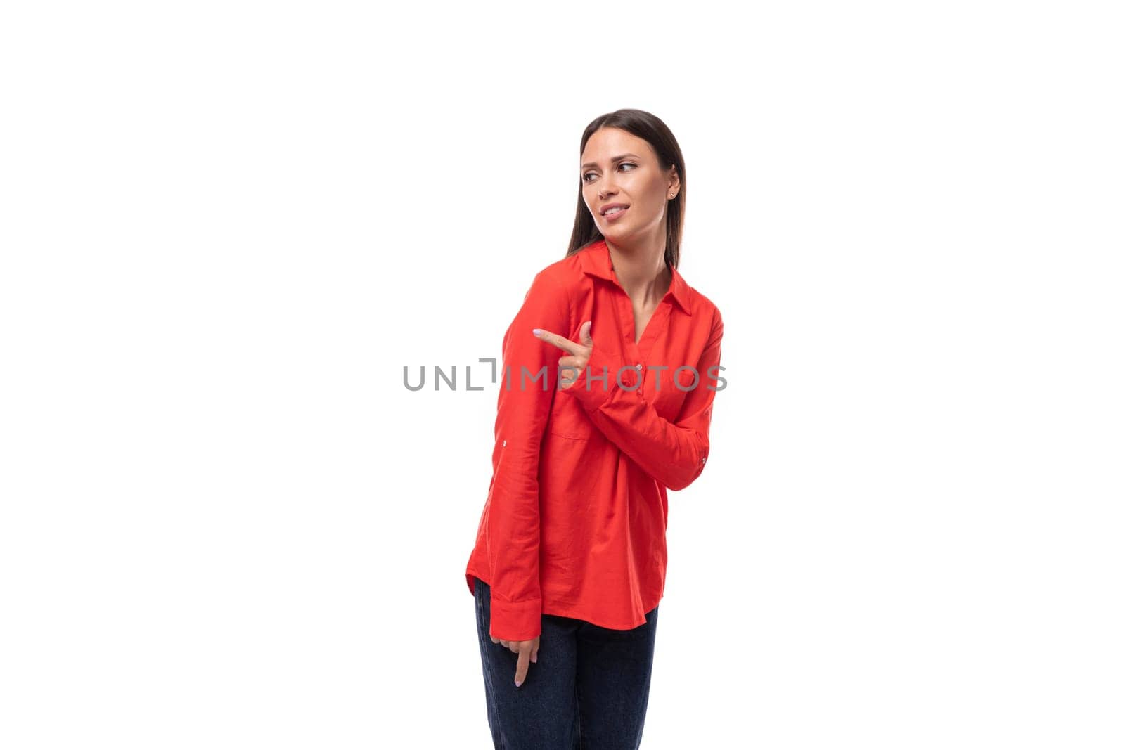 young caucasian model woman with straight black hair dressed in a red blouse on a white background by TRMK