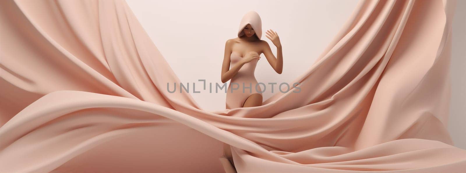 long woman beige fashion beauty background flowing dress flying fabric wind white. Generative AI. by Vichizh