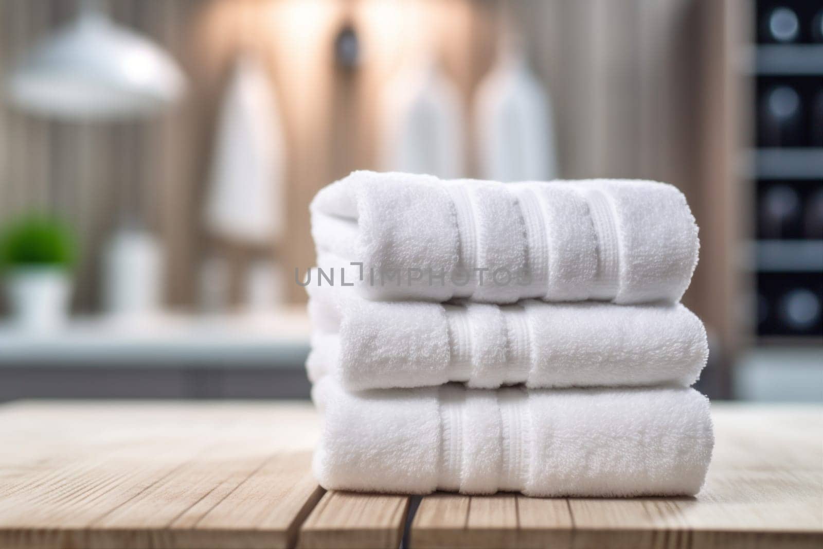 towel home interior cloth wash soft background health bathroom body textile counter space shower room wellness white table indoor modern folded. Generative AI.