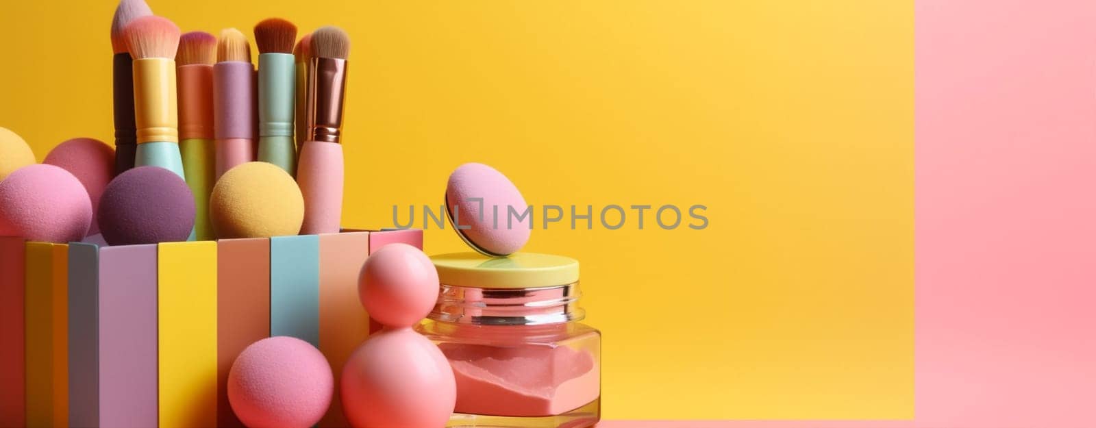 trend layout object composition care make-up concept fashion product pink facial minimal background set accessory white makeup cosmetic eyeshadow gold beauty. Generative AI.