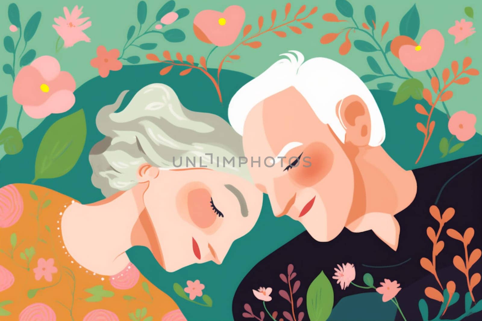 man woman love old retired rest bed together romantic happy asleep couple. Generative AI. by Vichizh