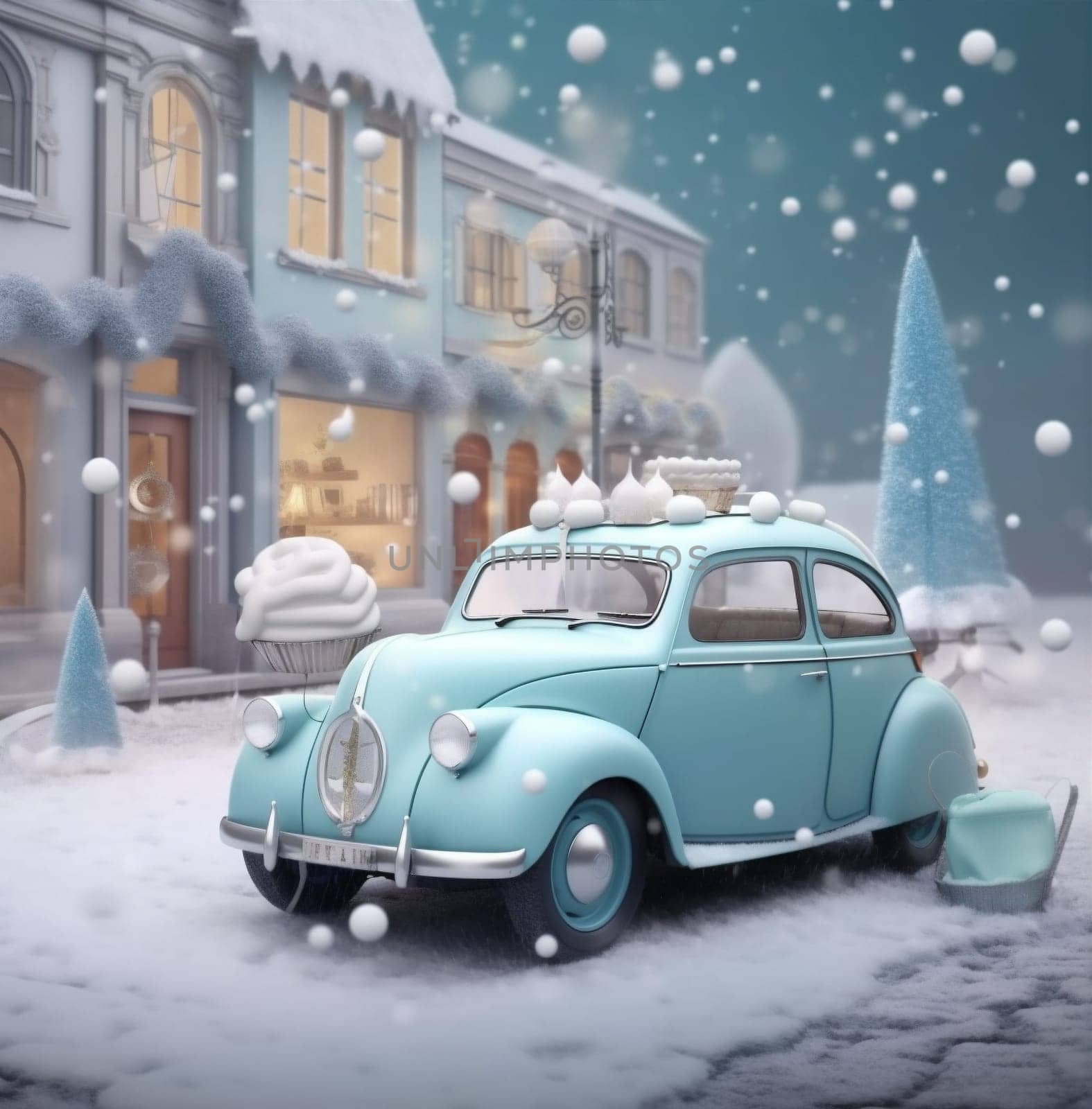 retro christmas holiday winter festive car gift snow candy merry. Generative AI. by Vichizh