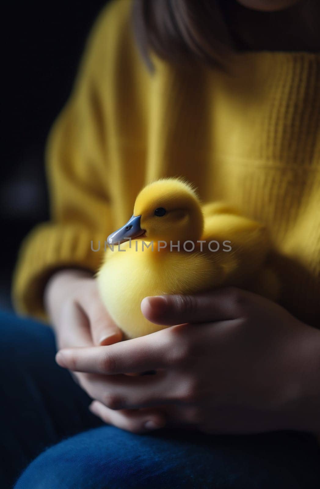 duck hand farm girl little yellow duckling child close-up bird. Generative AI. by Vichizh