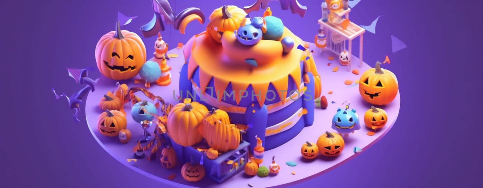 pumpkin holiday orange candy spider party sweet halloween celebration purple. Generative AI. by Vichizh