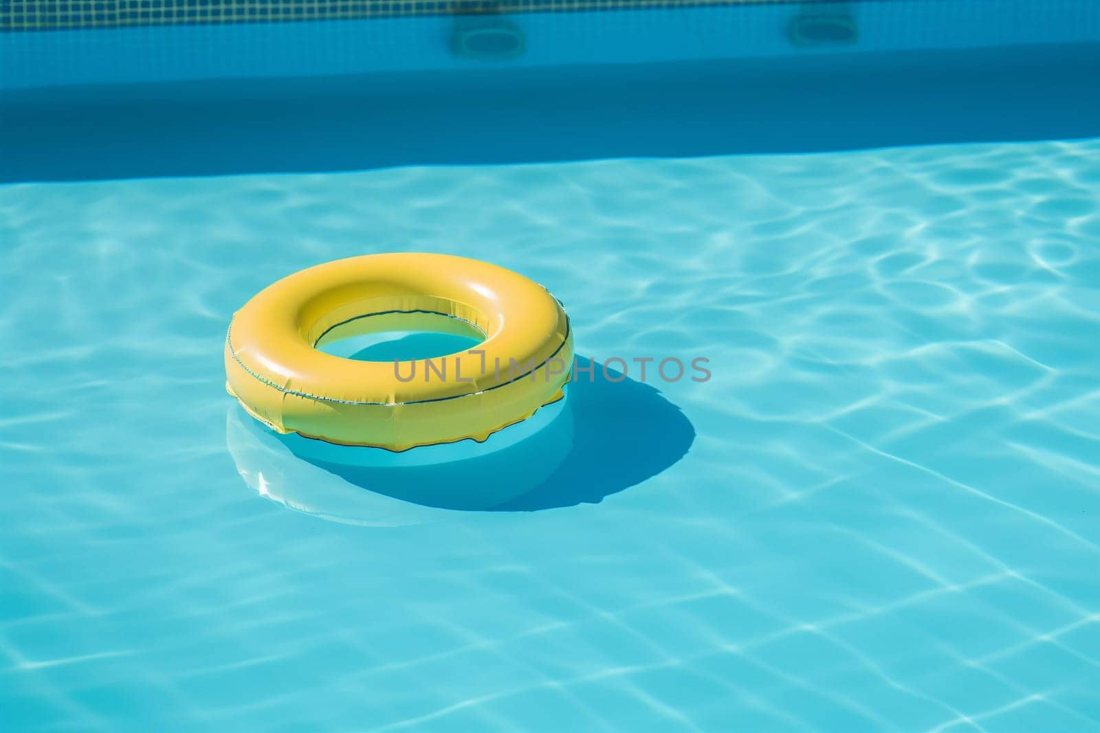 circle pool sunny vacation leisure yellow holiday sunlight water round rescue swimming blue toy float travel preserver pool ring children resort. Generative AI.