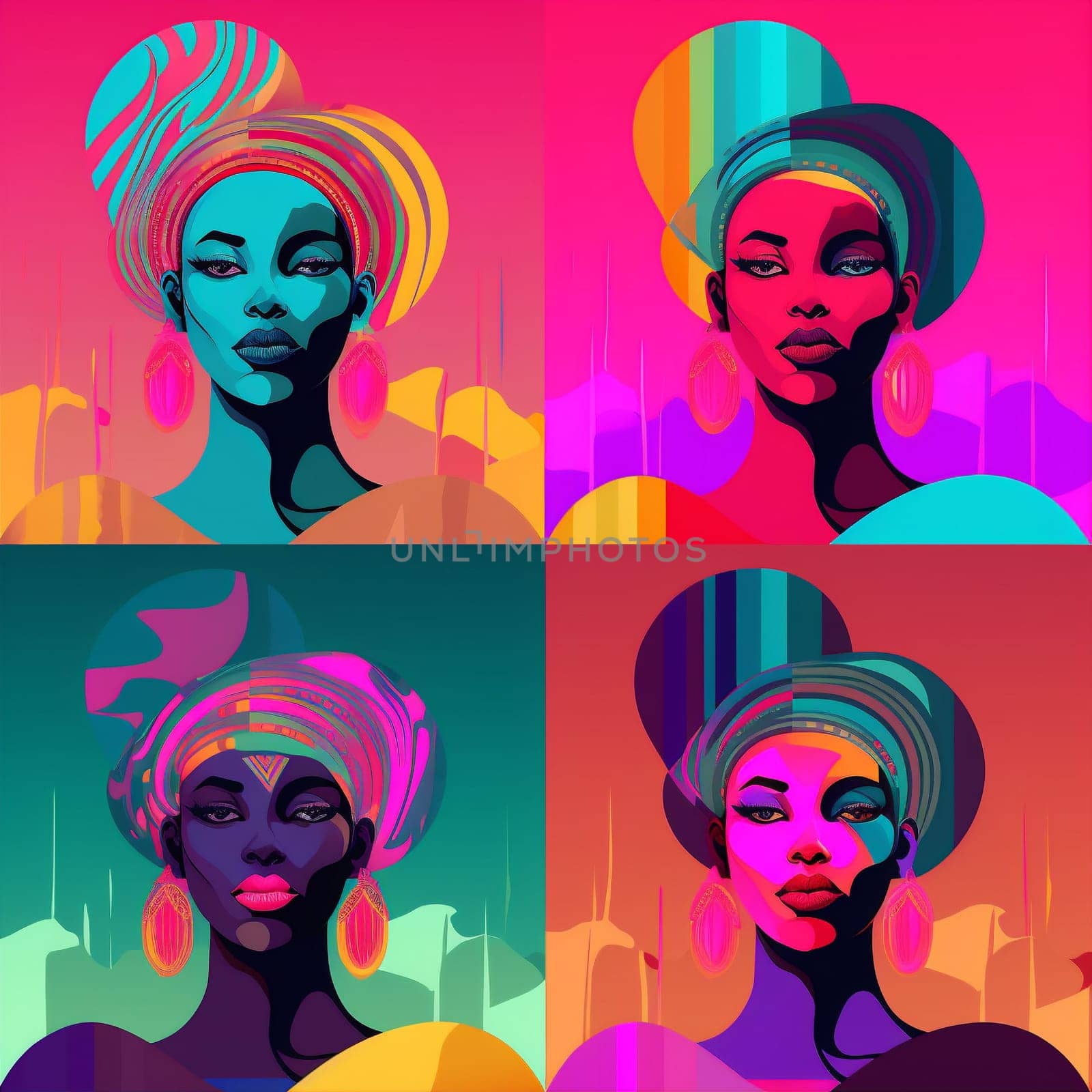afro woman cartoon glamour rainbow black lip graphic colours hair colourful face art fashion beauty goggles style paint illustration eye decoration. Generative AI.