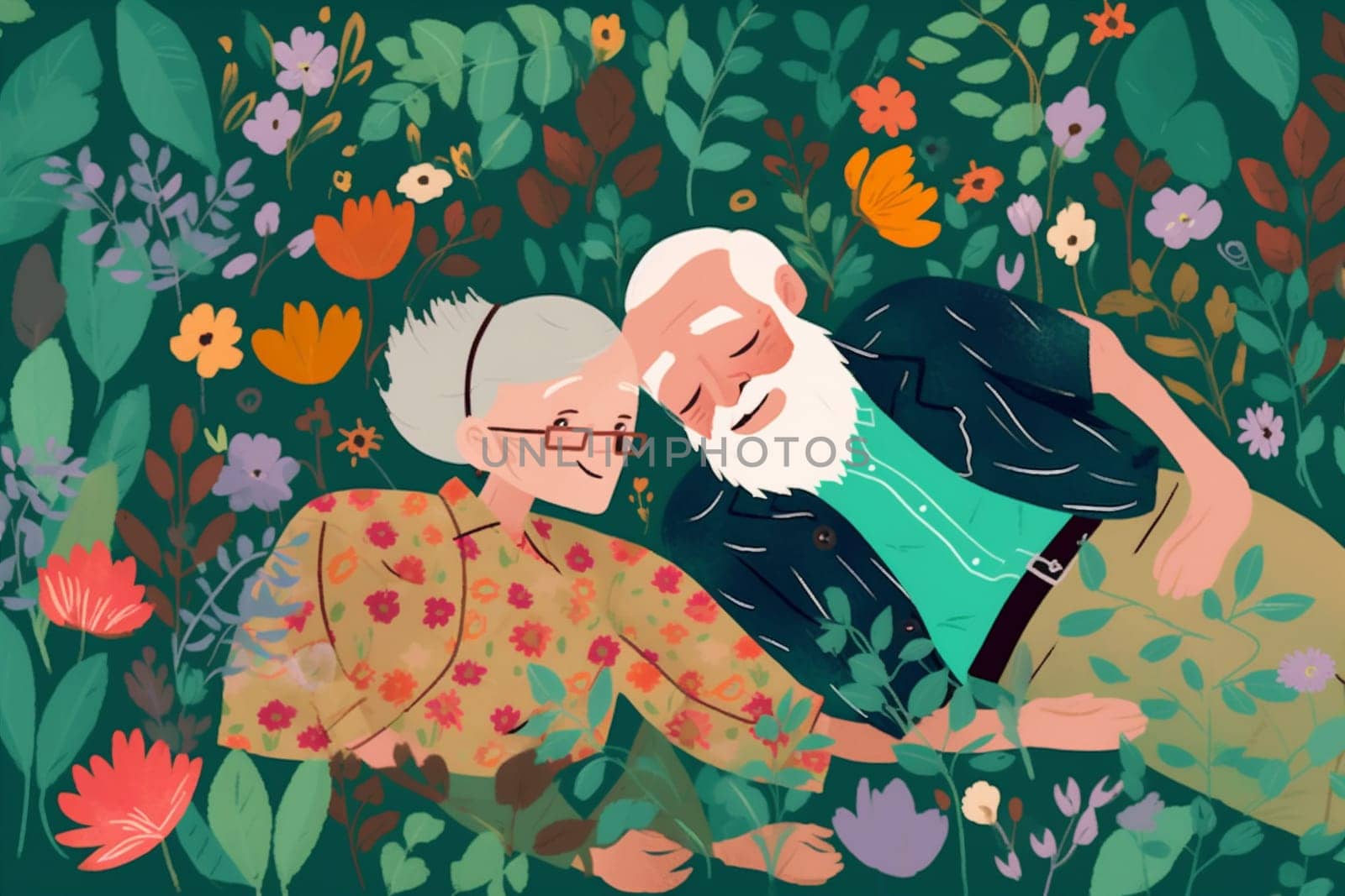 man woman happy relax grandfather home retired grandmother grandparent pillow couple bed married old together concept book partner asleep love cartoon sleeping. Generative AI.