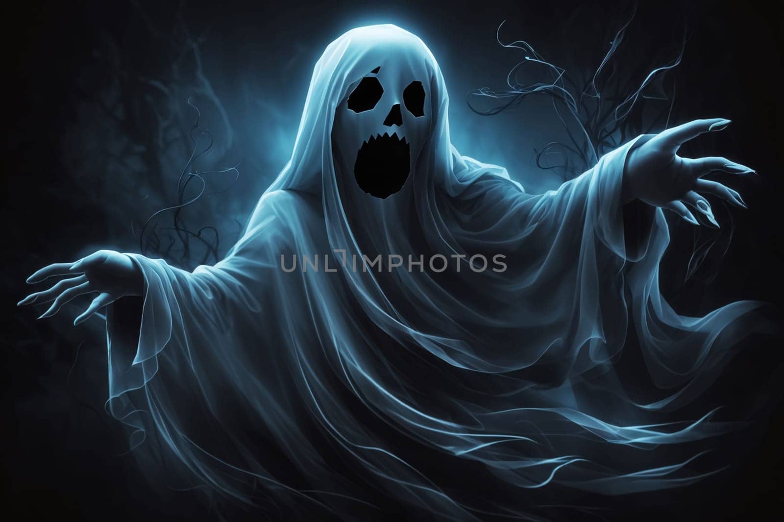 Spooky Halloween Ghost In Spooky dark Night. Holiday event halloween background concept for Halloweens card and content multimedia creation