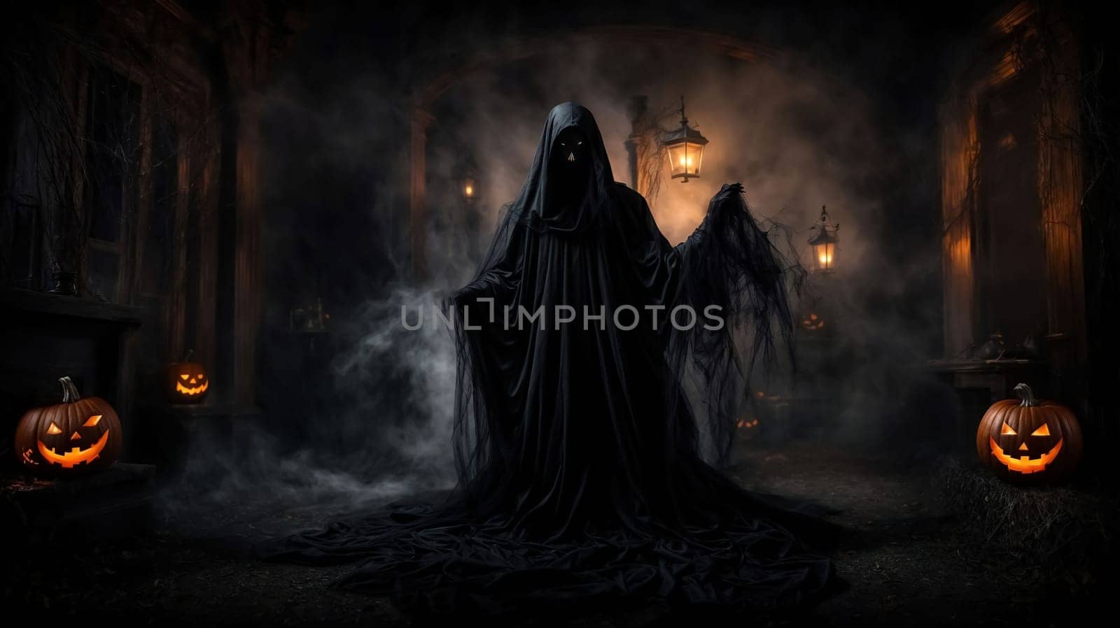 Spooky Halloween Ghost In Spooky dark Night. Holiday event halloween background concept for Halloweens card and content multimedia creation