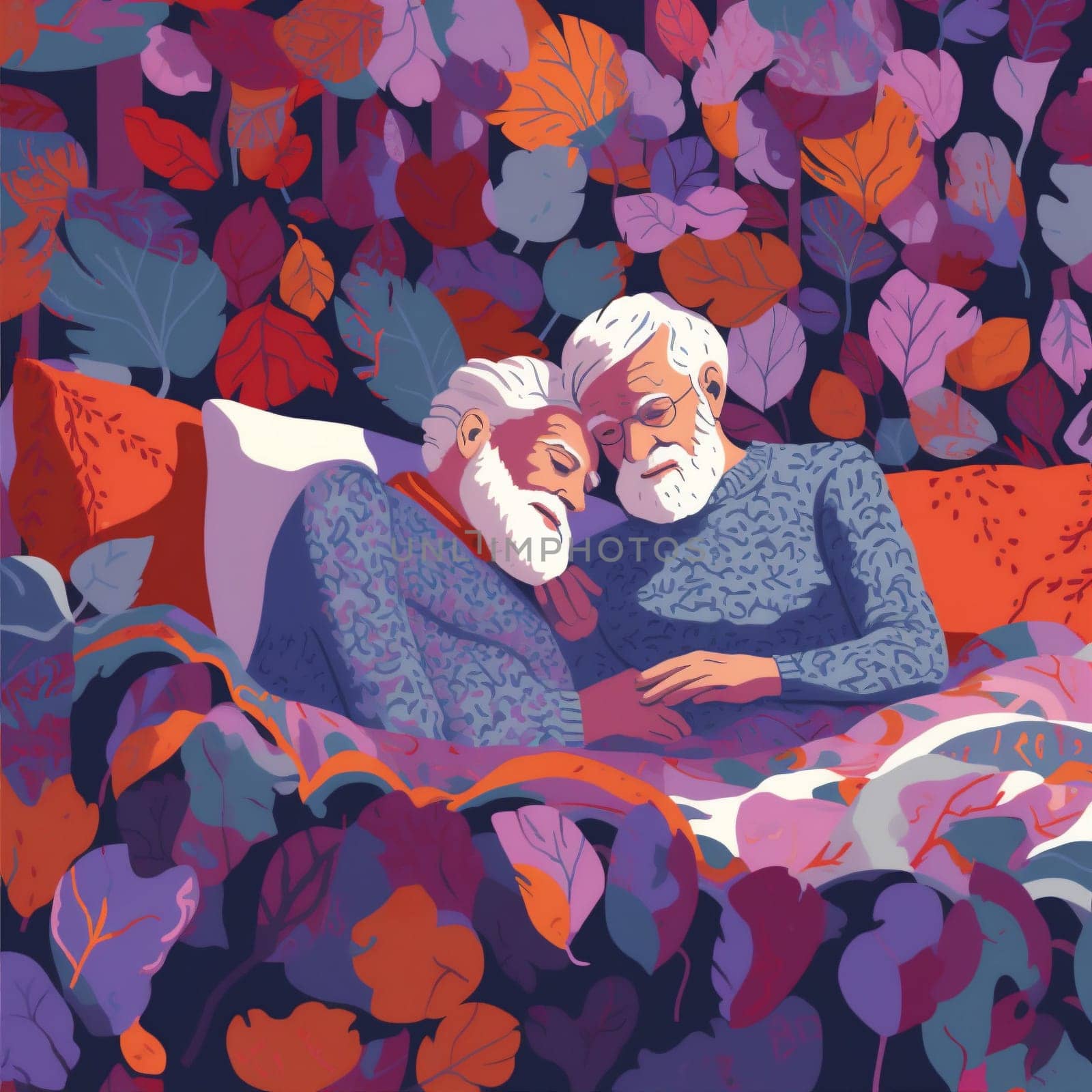 woman old man retired aged relax home couple together asleep romantic book happy bed sleep sleeping male love grandparent husband senior female. Generative AI.