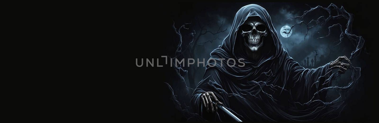 Grim reaper Haunted over dark misty background with copy space Vivid Halloween wallpaper background good for Halloweens card and invitation