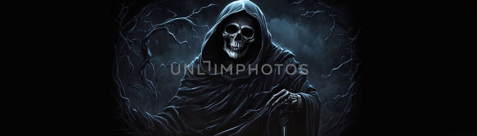 Grim reaper Haunted over dark misty background with copy space Vivid Halloween wallpaper background good for Halloweens card and invitation
