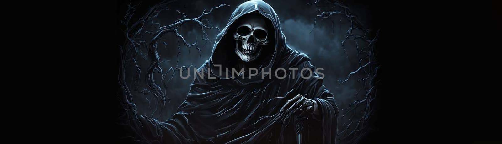 Grim reaper Haunted over dark misty background with copy space Vivid Halloween wallpaper background good for Halloweens card and invitation by antoksena