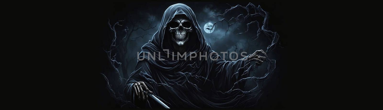 Grim reaper Haunted over dark misty background with copy space Vivid Halloween wallpaper background good for Halloweens card and invitation by antoksena