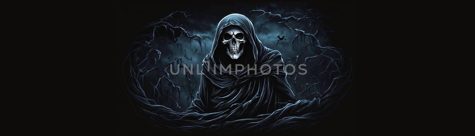 Grim reaper Haunted over dark misty background with copy space Vivid Halloween wallpaper background good for Halloweens card and invitation