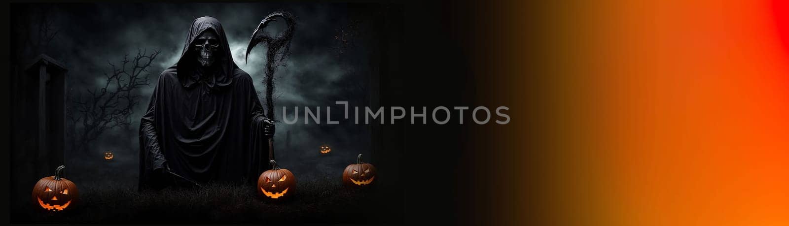 Grim reaper Haunted over dark misty background with copy space Vivid Halloween wallpaper background good for Halloweens card and invitation by antoksena