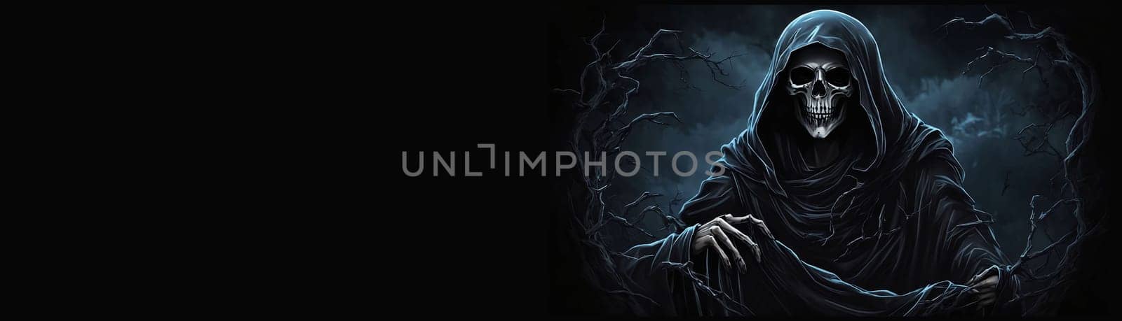 Grim reaper Haunted over dark misty background with copy space Vivid Halloween wallpaper background good for Halloweens card and invitation