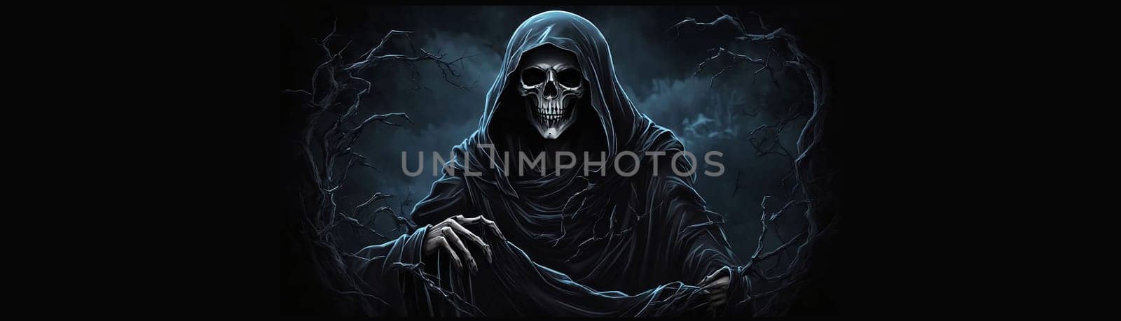 Grim reaper Haunted over dark misty background with copy space Vivid Halloween wallpaper background good for Halloweens card and invitation