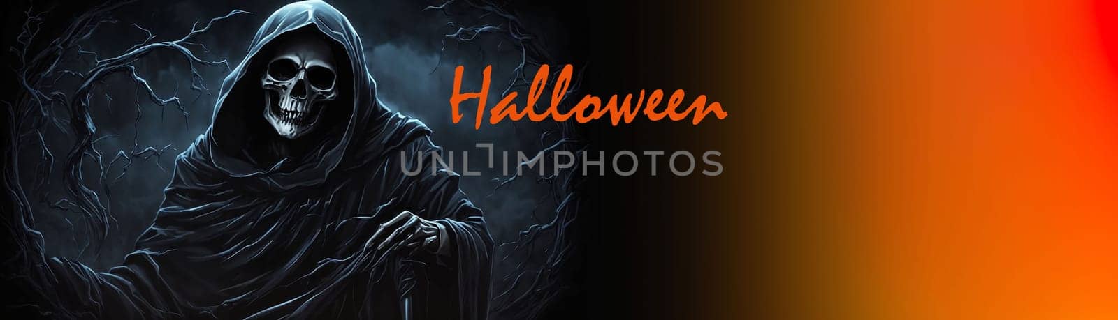 Grim reaper Haunted over dark misty background with copy space Vivid Halloween wallpaper background good for Halloweens card and invitation