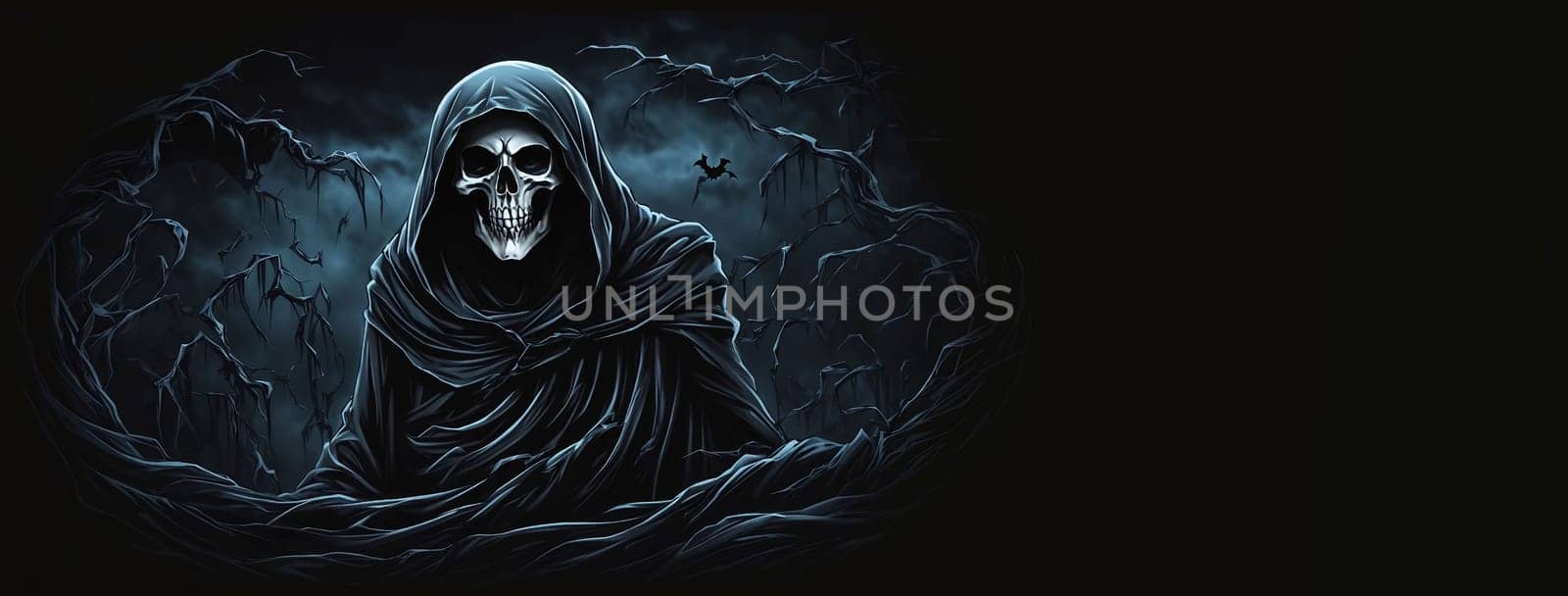 Grim reaper Haunted over dark misty background with copy space Vivid Halloween wallpaper background good for Halloweens card and invitation by antoksena