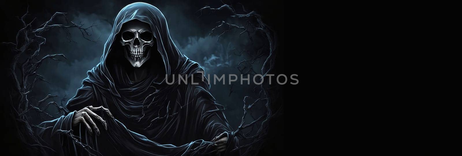 Grim reaper Haunted over dark misty background with copy space Vivid Halloween wallpaper background good for Halloweens card and invitation by antoksena