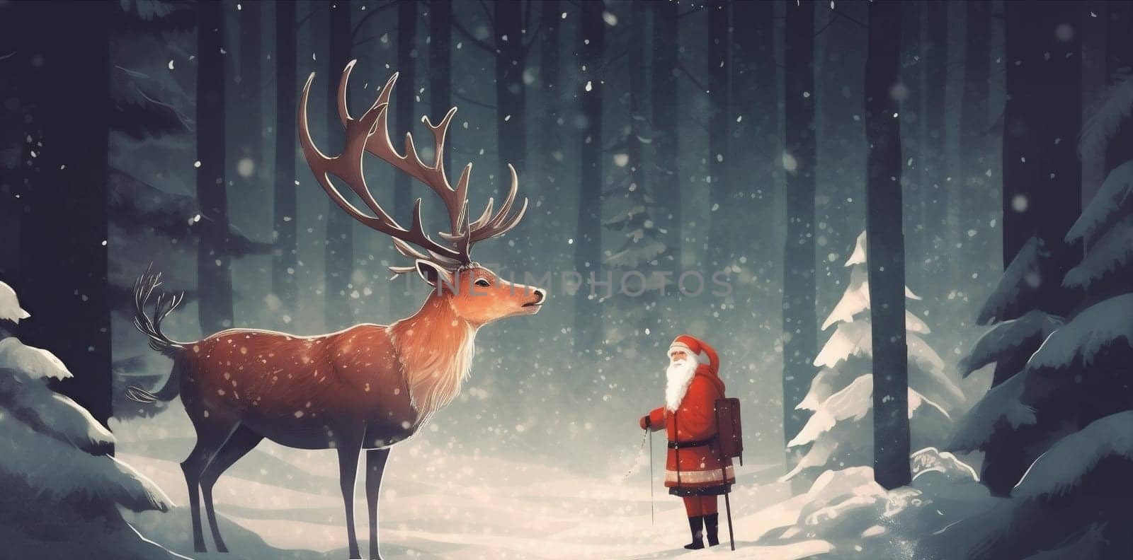 sleigh claus santa snow vintage card greeting illustration reindeer christmas. Generative AI. by Vichizh