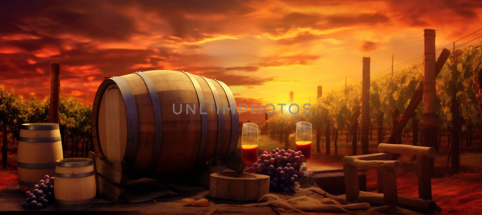 grape bottle barrel glass winery beverage drink alcohol sunset wine. Generative AI. by Vichizh