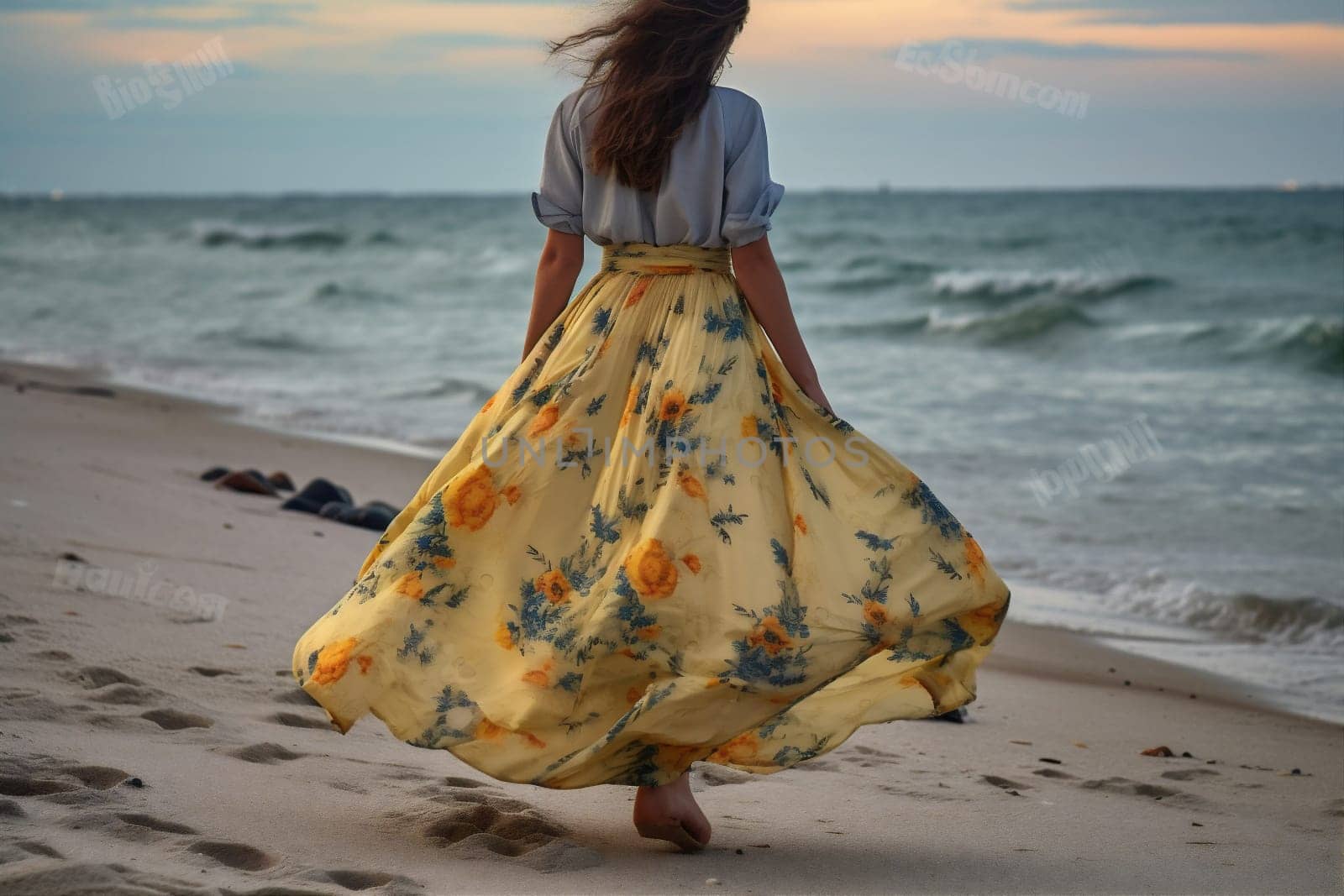 woman nature sea female hat relax blue yellow resort fashion lifestyle beach vogue beautiful dress person hippie summer sun happiness gypsy. Generative AI.