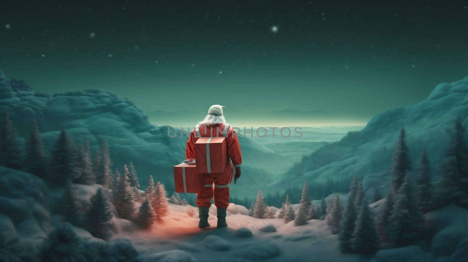 night snow winter costume santa christmas nature holiday mountain sky. Generative AI. by Vichizh