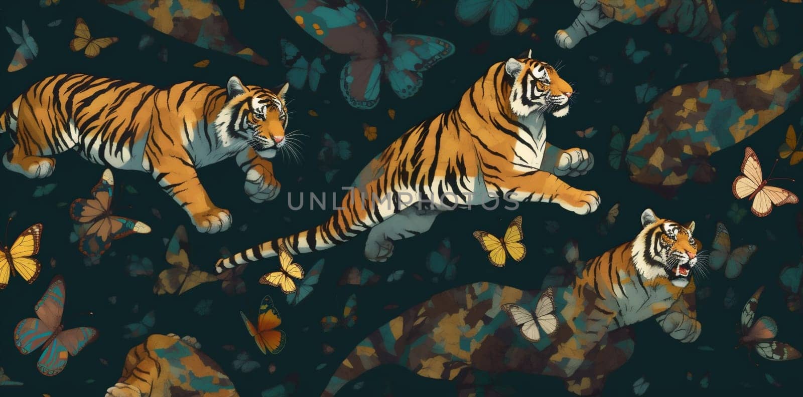 art design pattern tiger flower illustration nature vintage drawing animal. Generative AI. by Vichizh