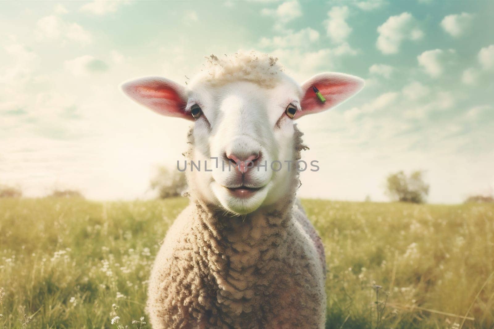 animal green grass countryside landscape flock meadow wool sheep mountain young sun day beautiful sunlight outdoor white lamb farm field. Generative AI.