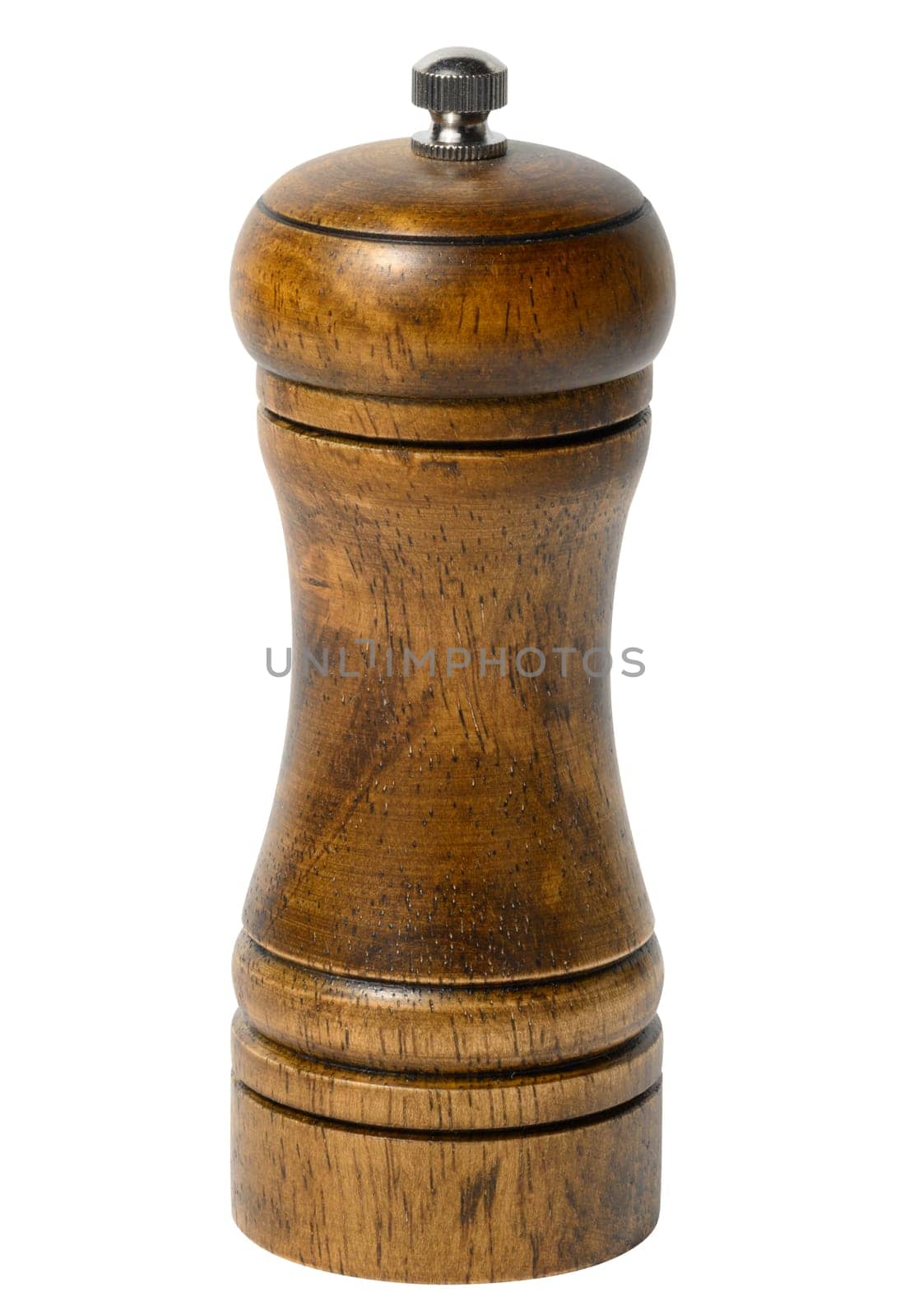 Wooden pepper mill on a white background, made of wood and has a metal handle on top by ndanko