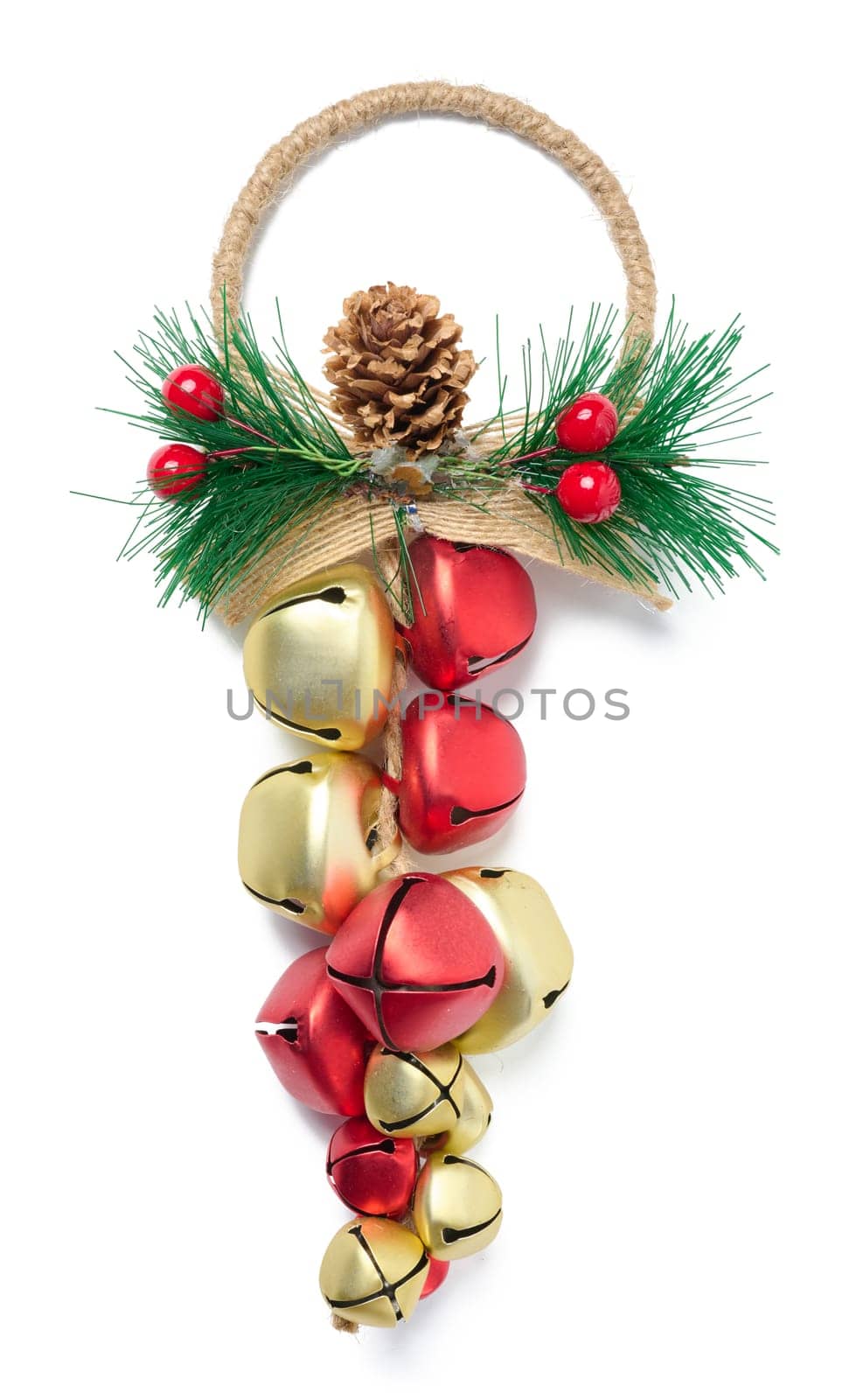 Decorative Christmas garland with bells on a white background