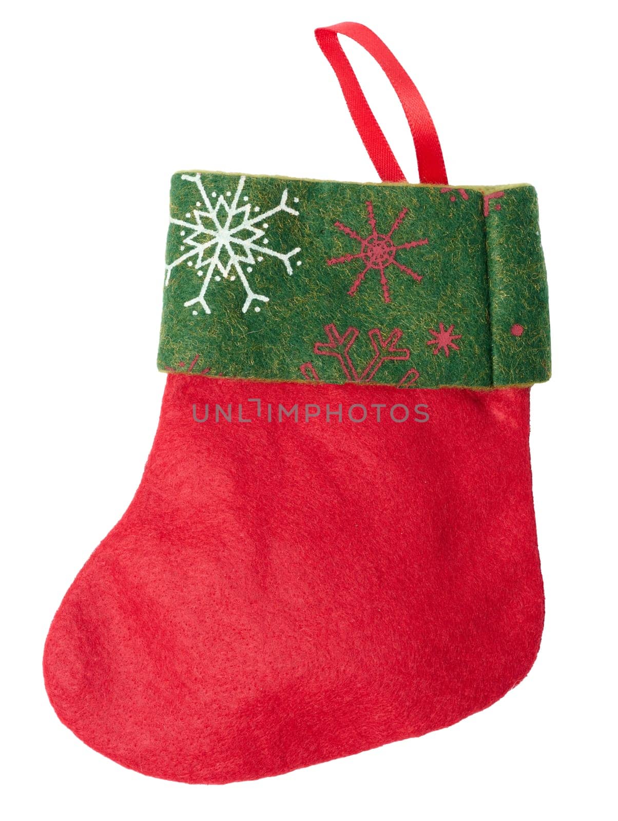 Red felt Christmas sock for gifts on a white isolated background