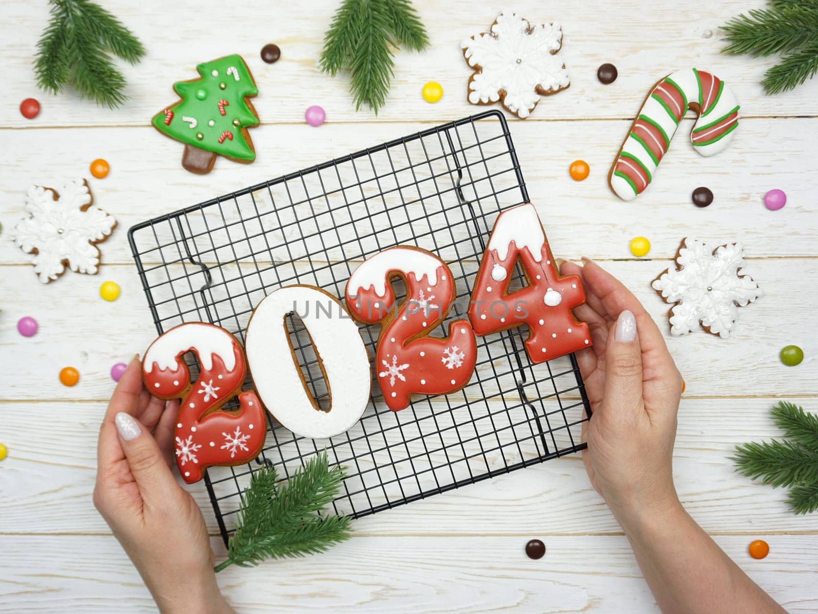 The numbers 2024 from gingerbread. New Year's background. Christmas dessert. High quality photo